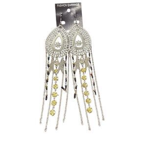 Silver Teardrop Filigree Yellow Black Beads Long Earrings Chain Fringe Stars NWT